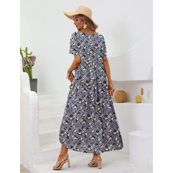 Fantaslook Summer Dresses for Women Casual Loose Maxi Bohemian Floral Dress Short Sleeve Beach Long Swing Dress