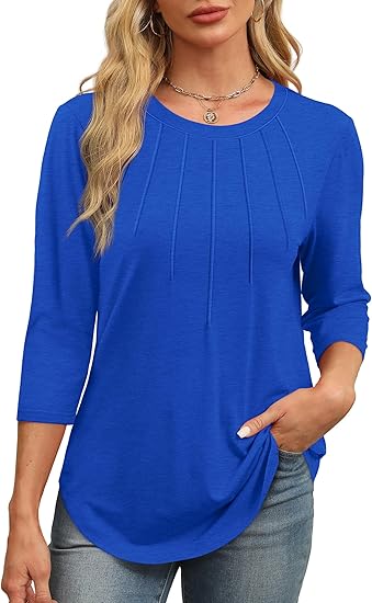 Fantaslook Womens Plus Size Tops 3/4 Sleeve Pleated Dressy Blouses Crew Neck Casual Tunic Tops Summer Shirts