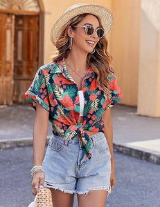 Fantaslook Hawaiian Button Down Shirts for Women Casual Short Sleeve Floral Print Blouses Summer Tops