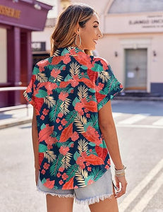 Fantaslook Hawaiian Button Down Shirts for Women Casual Short Sleeve Floral Print Blouses Summer Tops