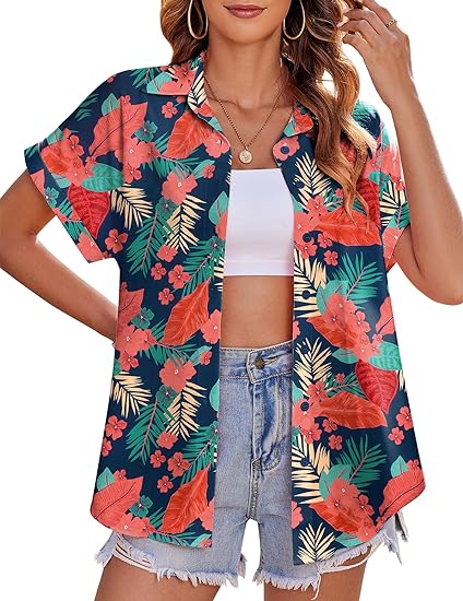 Fantaslook Hawaiian Button Down Shirts for Women Casual Short Sleeve Floral Print Blouses Summer Tops