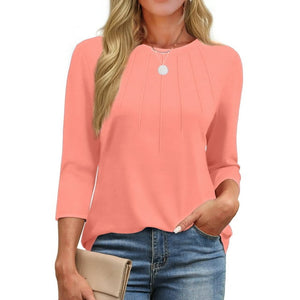 Fantaslook Womens Plus Size Tops 3/4 Sleeve Pleated Dressy Blouses Crew Neck Casual Tunic Tops Summer Shirts
