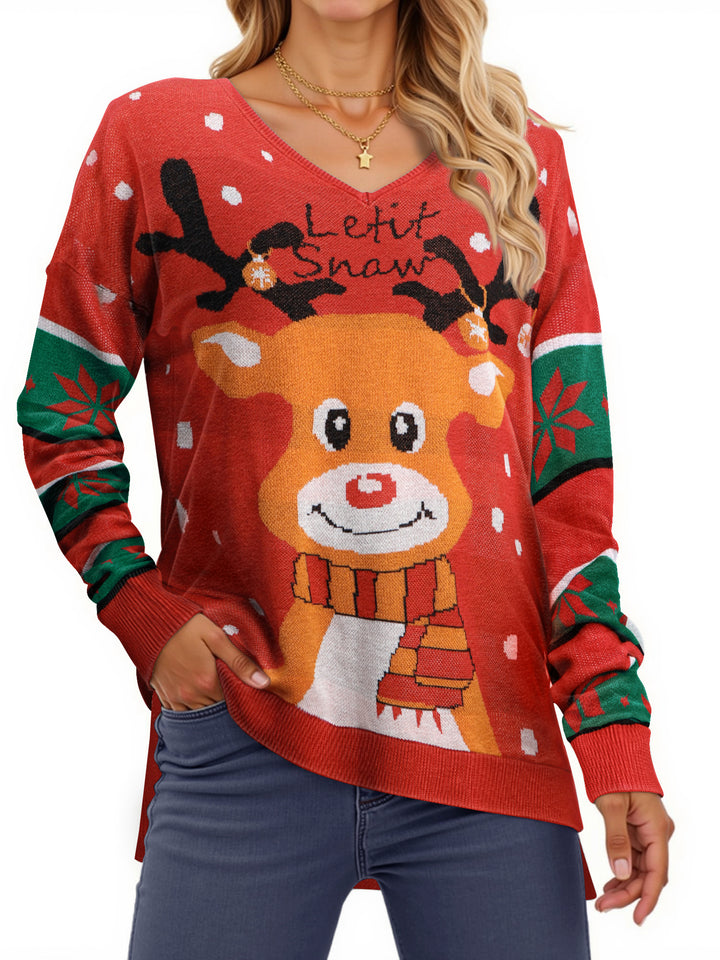 MOSHU Ugly Christmas Sweaters for Women Graphic Knitted Pullover Sweaters Casual V-neck Side Slits Tops