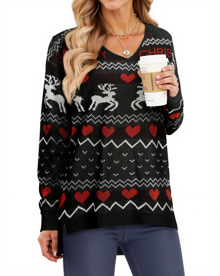 MOSHU Ugly Christmas Sweaters for Women Graphic Knitted Pullover Sweaters Casual V-neck Side Slits Tops