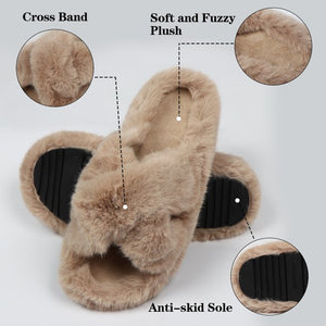 Women's Fuzzy Slippers Cross Band Open Toe House Shoes