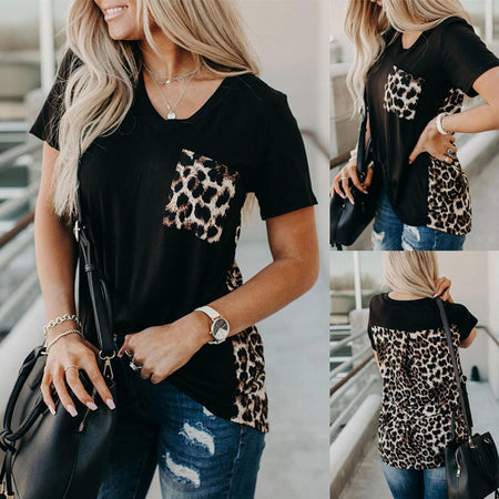 Leopard Print V Neck Loose Women T Shirt