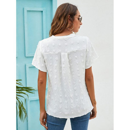 Fantaslook White Chiffon Blouses Womens Summer V Neck Polka Dot Shirts