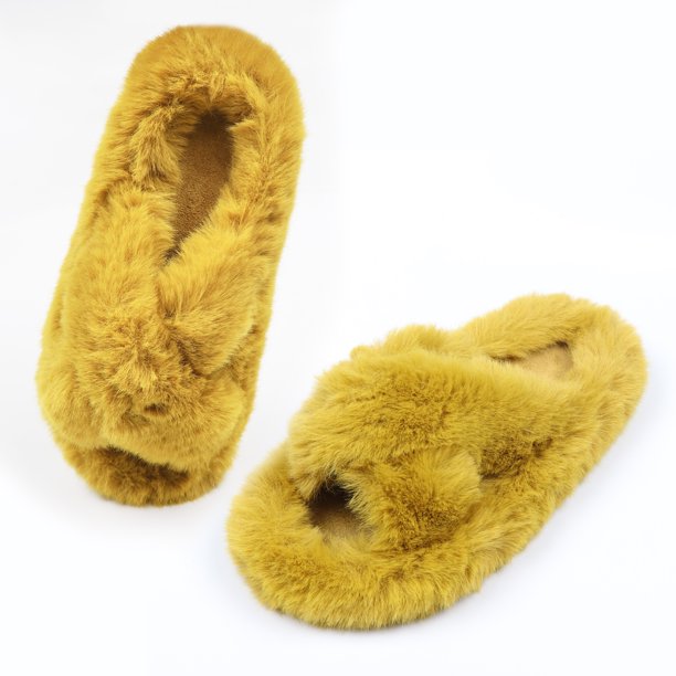 Women's Fuzzy Slippers Cross Band Open Toe House Shoes