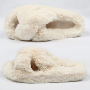 Women's Fuzzy Slippers Cross Band Open Toe House Shoes