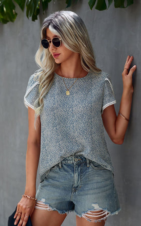 Fantaslook Floral Print Women Tops Summer Casual Lace Crochet Short Sleeve Blouse Shirt