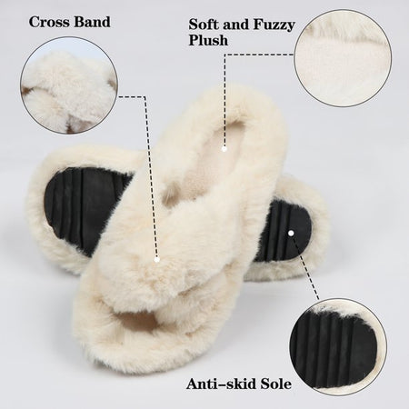 Women's Fuzzy Slippers Cross Band Open Toe House Shoes