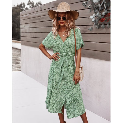 Fantaslook Women Shirt Dress Casual Floral Print Button Summer Midi Dresses