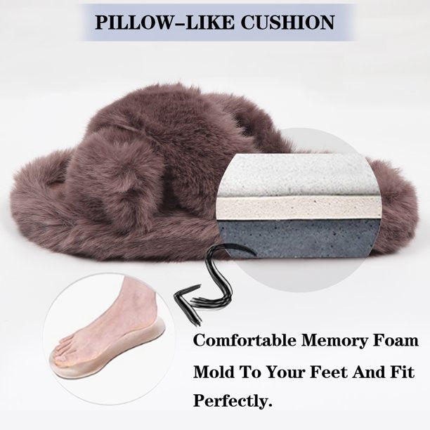 Women's Fuzzy Slippers Cross Band Open Toe House Shoes