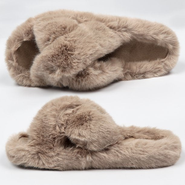 Women's Fuzzy Slippers Cross Band Open Toe House Shoes