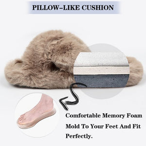 Women's Fuzzy Slippers Cross Band Open Toe House Shoes