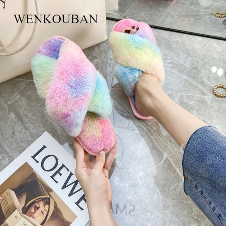 Women Plush Slippers Indoor Home Fur Slides